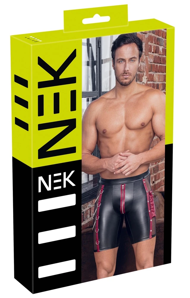 Herren Pants, NEK Pants im schwarzen Mattlook mit roten Kontrasten, seitlichem Netz, Reißverschluss im Beutel, Ringen und Karabiner-Ketten
