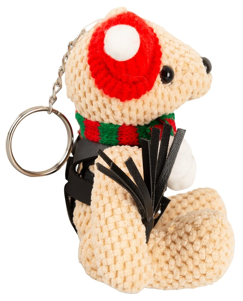 Bad Kitty SM-Teddy gehäkelt Mini-Begleiter mit Lederimitat-Harness, Mütze, Schal, Winter Edition, Peitsche und Schlüsselanhänger für freche Momente