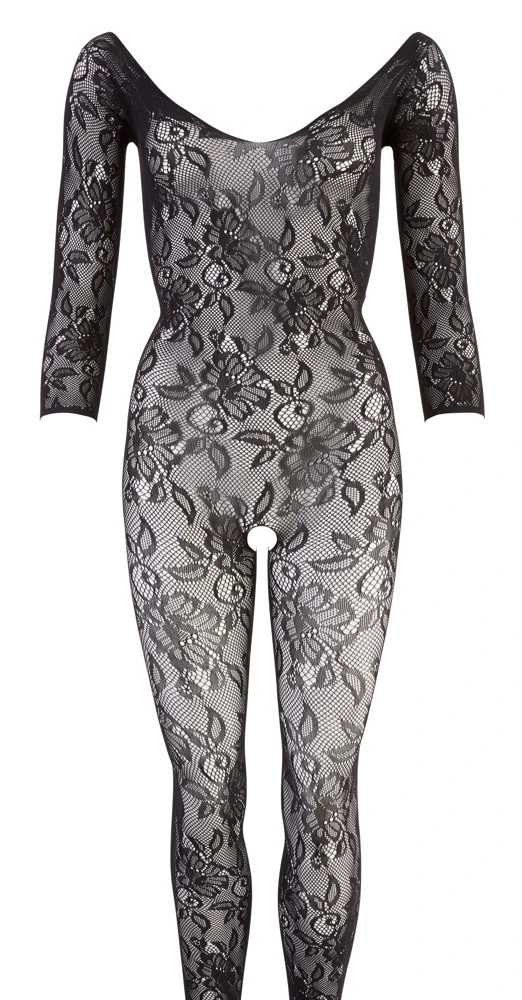Wunderschöner Catsuit in schwarzer Blütenspitze-Optik mit 3/4-Arm, langem Bein und Fuß. Hinten mit eingewebter Schnürung.