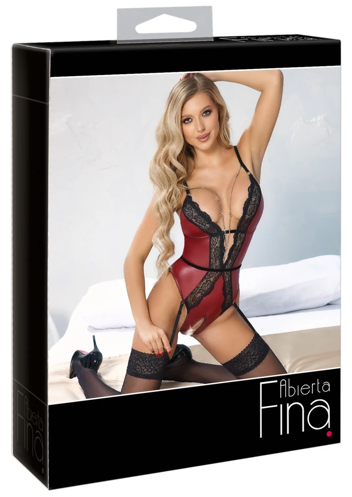 Body ouvert von Abierta Fina im edlen roten anschmiegsamen Mattlook mit silhouetteführenden schwarzen Spitzeneinsätzen vorne und hinten.