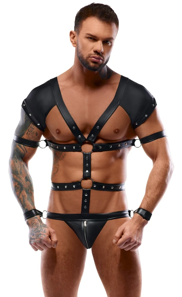Body mit 4 Fesseln im Set von Svenjoyment BONDAGE. Edler schwarzer, nietenverzierter Mattlook in Harness-Optik mit kleinem Arm.