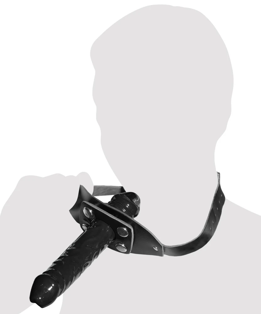 Knebel von ZADO mit verstellbarem schwarzem Kopfgurt aus Leder und abnehmbarem Außen-Dildo.
