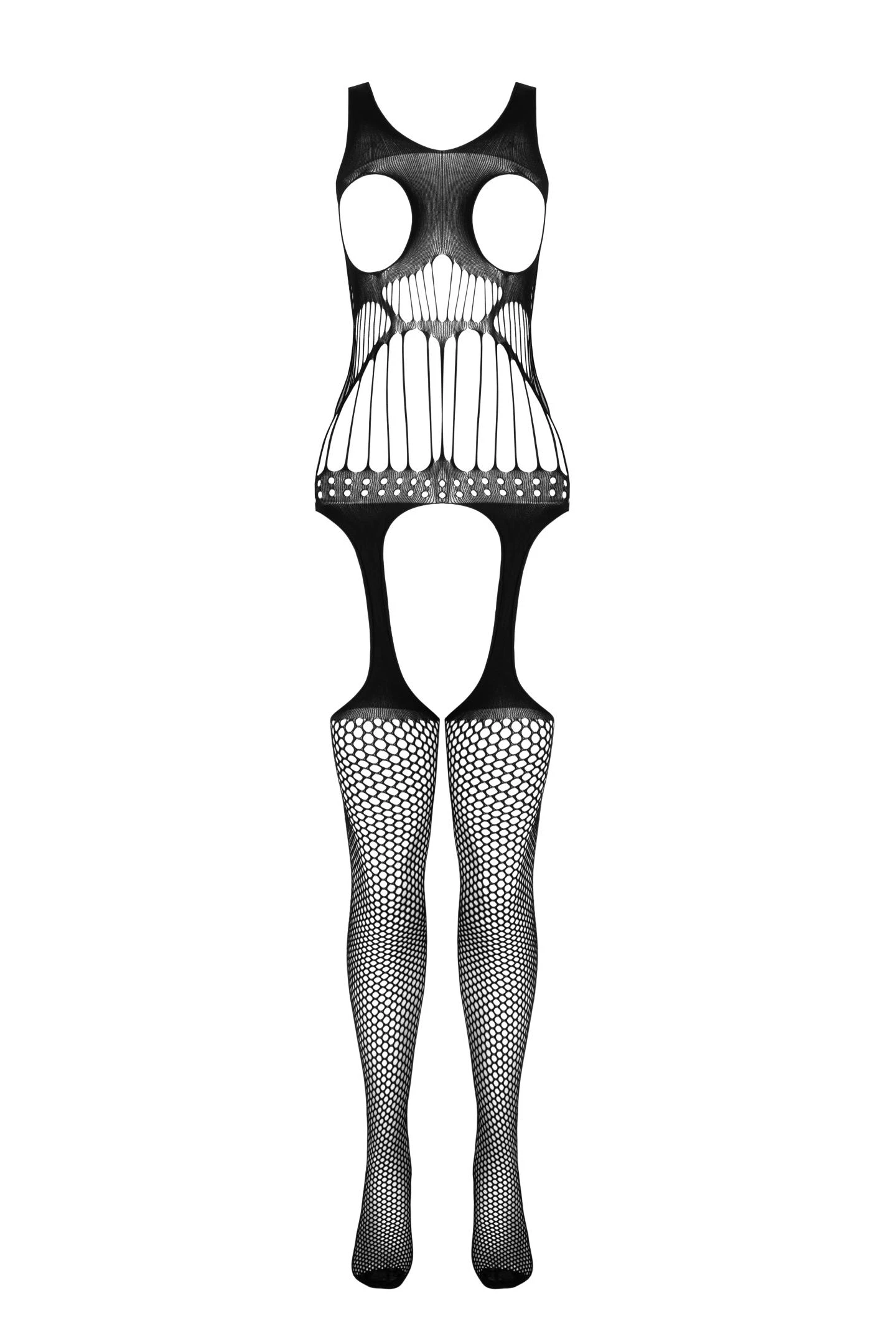 Catsuit Ouvert aus dehnbarem Netzmaterial mit seitlichen Öffnungen und aufregender Strapsoptik, schwarzer ouvert Bodystocking BS106