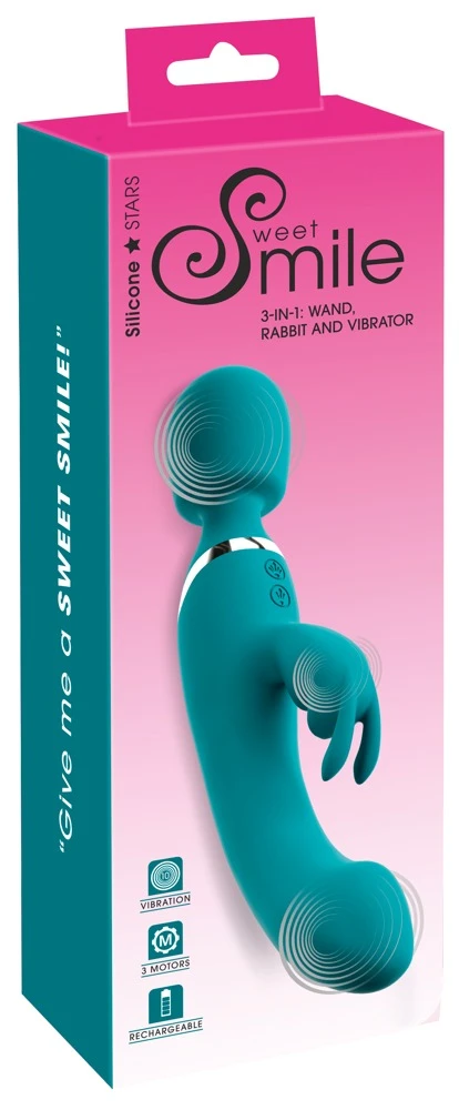 Smile 3in1 Wand, Rabbit and Vi, Sweet Smile 3in1 Wand Rabbit Vibrator – Aufreizendes Massage-Toy mit 3 leisen Motoren, 20 Vibrationsmodi und getrennter Steuerung