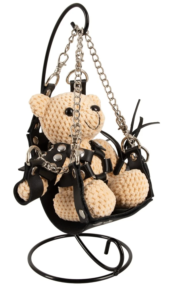 Bad Kitty SM-Teddy mit Mini-Sexschaukel gehäkelter Plüschbär mit Lederimitat-Harness, Fesseln, Peitsche und Schlüsselanhänger, superweich und 11 cm groß