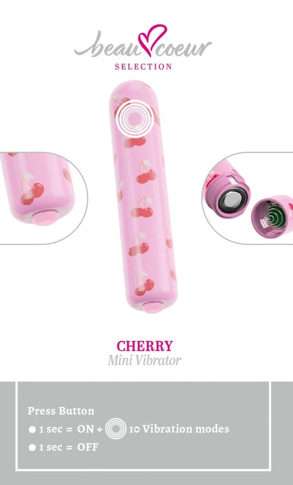 beau coeur Cherry Mini Vibrato, Verspielter Mini Vibrator CHERRY von beau cœur im poppigen Kirsch Design mit 10 Vibrationsmodi stylisch diskret handlich leise