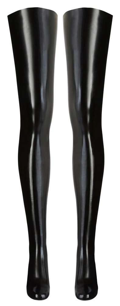 Oberschenkellange Strümpfe aus glänzendem Latex in schwarz.