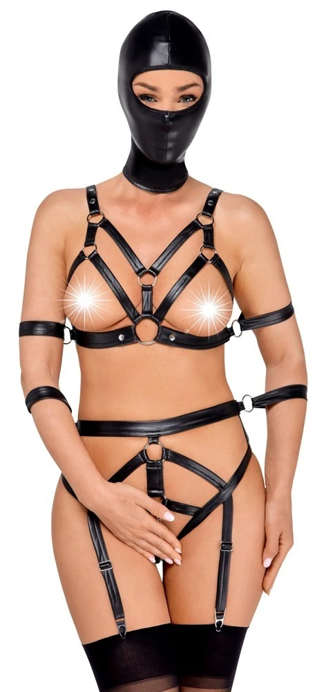 Extravagantes Riemen-Set von Bad Kitty mit 4 Armfesseln und inklusive Kopfmaske.