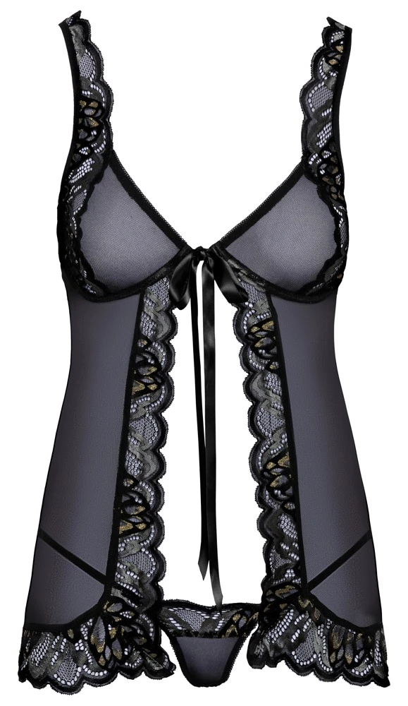 Babydoll und String aus Feinem Powernet im Mix mit Effektspitze mit String