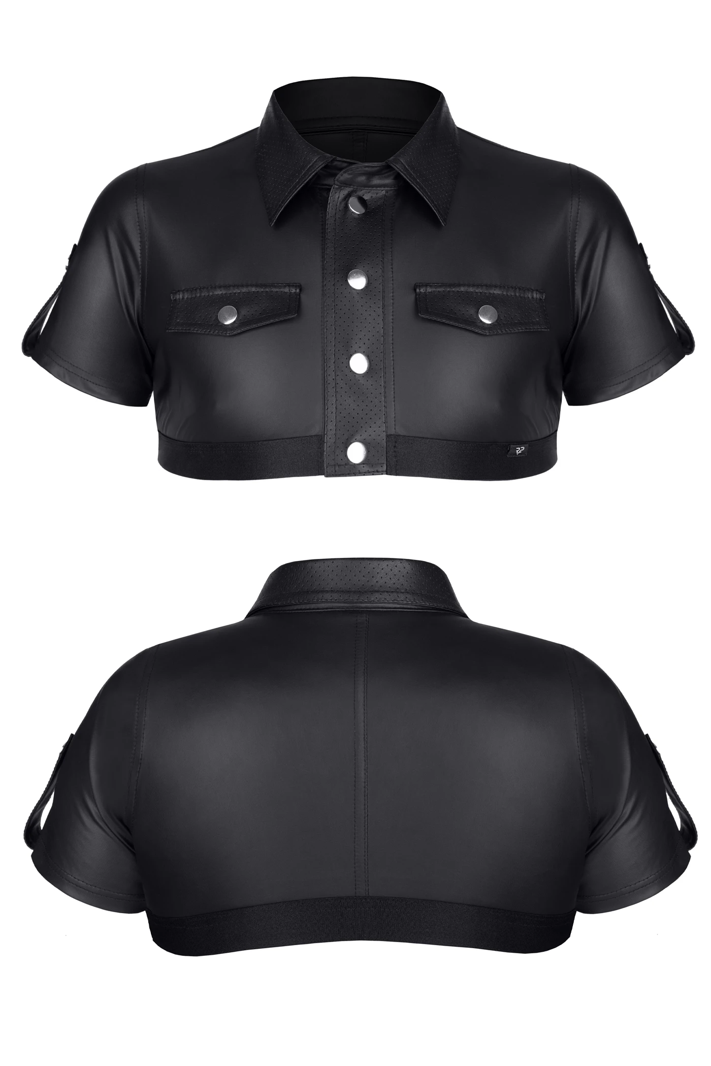 Faszinierendes Wetlook-Crop-Top mit militärischen Akzenten, gepolstertem Kragen und dekorativen Metallknöpfen Brust T-Shirt BOAlexander001