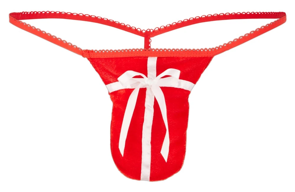 Roter String im Geschenk-Look aus streichelweichem Pannesamt mit weißen Satinbändern.