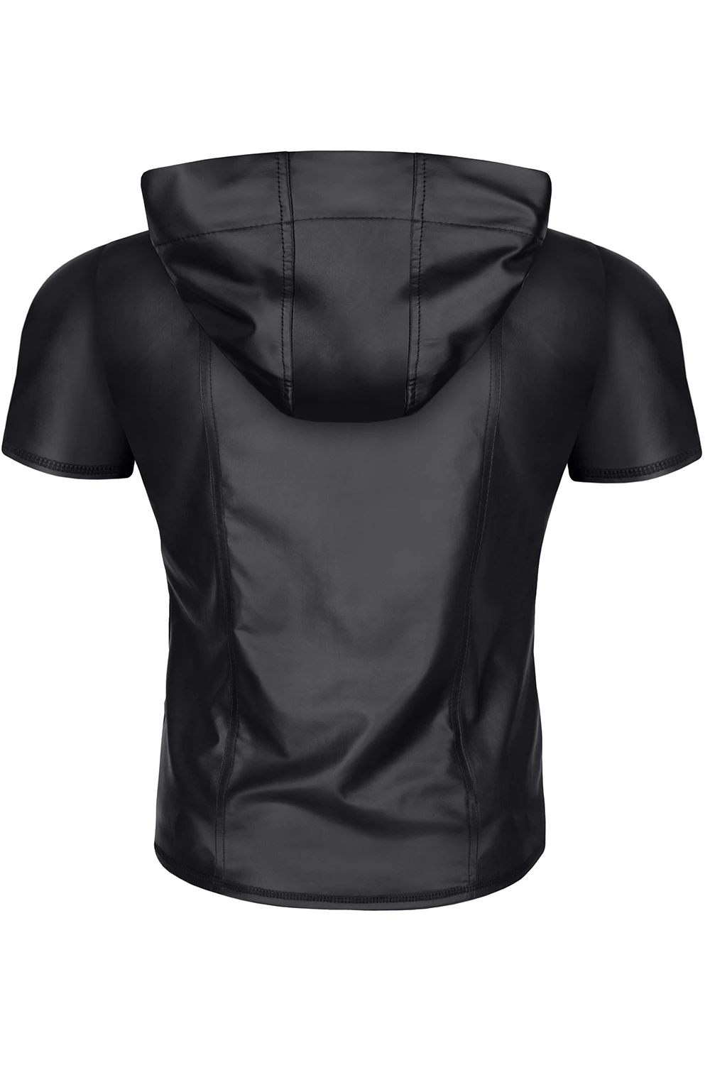 Herren Kapuzen T-Shirt RMEttore001 in mattem Kunstleder von Regnes Fetish Planet – körpernahe Slim-Fit Form mit markantem Front-Reißverschluss und RFP-Zipperdetails für einen provokanten, maskulinen Look