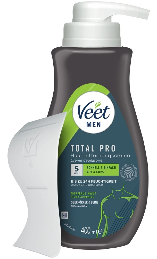 Veet Men TOTAL PRO Haarentfernungscreme für Oberkörper und Beine mit schneller Wirkung in 5–10 Minuten, glatter Haut, 24h Feuchtigkeit und weniger Stoppeln 400 ml