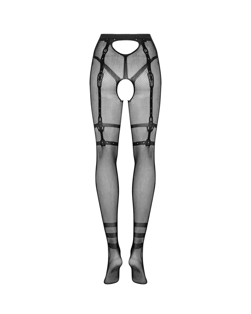 Obsessive Schwarze Netz-Strumpfhose ouvert in verschiedenen Netzstrukturen. Mit eingewebter String- & Straps-Optik und Webringeln am unteren Bein.