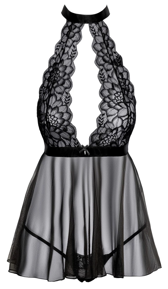 Kurzes ausgestelltes Babydoll von kissable in schwarzer Transparenz aus bildschöner Spitze (Top) und feinem Powernet (Röckchen).