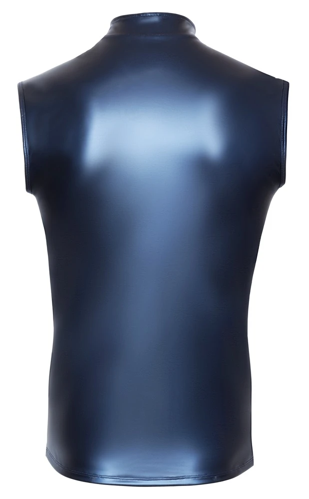 Blaues Shirt von NEK im trendigen Metallic-Mattlook. Ärmellos, eng und körperbetont geschnitten.Mit kleinem Stehkragen und silberfarbenem Reißverschluss vorne.