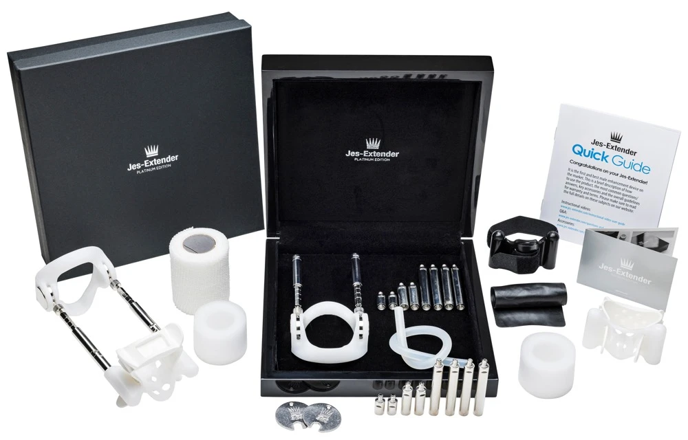 Jes-Extender Platinum, Penis Expander Set Platinum mit 950er-Platinbeschichtung – sanfte schmerzfreie Verlängerung bis 24 cm, diskret tragbar, hochwertige Lackbox, effektive dauerhafte Dehnung für mehr Länge und Umfang