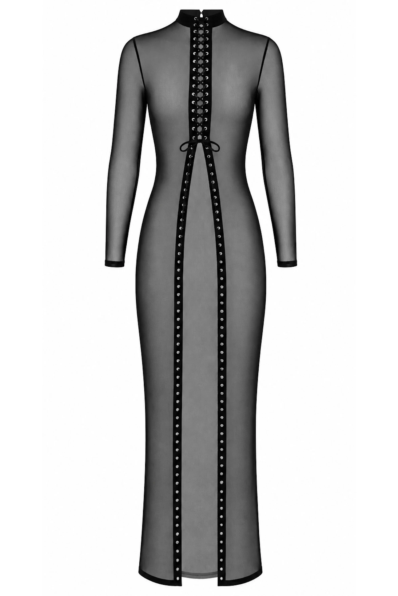 Maxikleid aus transparentem Tüll - Noir Handmade F410 Do Not Disturb - sexy in Schwarz mit durchgehender Schnürung und Stehkragen