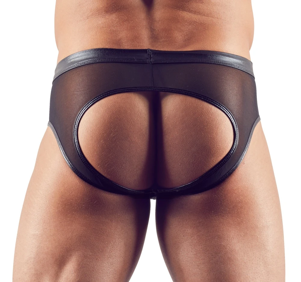 Pofreier Herrenslip von Svenjoyment in Schwarz. Elastische Materialkombination Wetlook mit leicht transparentem Powernet.