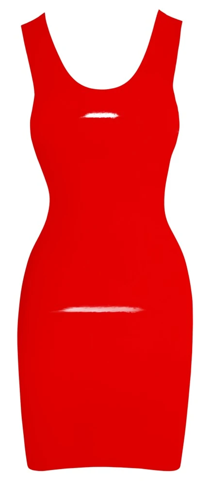 Schlicht-schönes Kleid aus leuchtend rotem Naturlatex ohne Arm und mit großzügig rundem Ausschnitt.