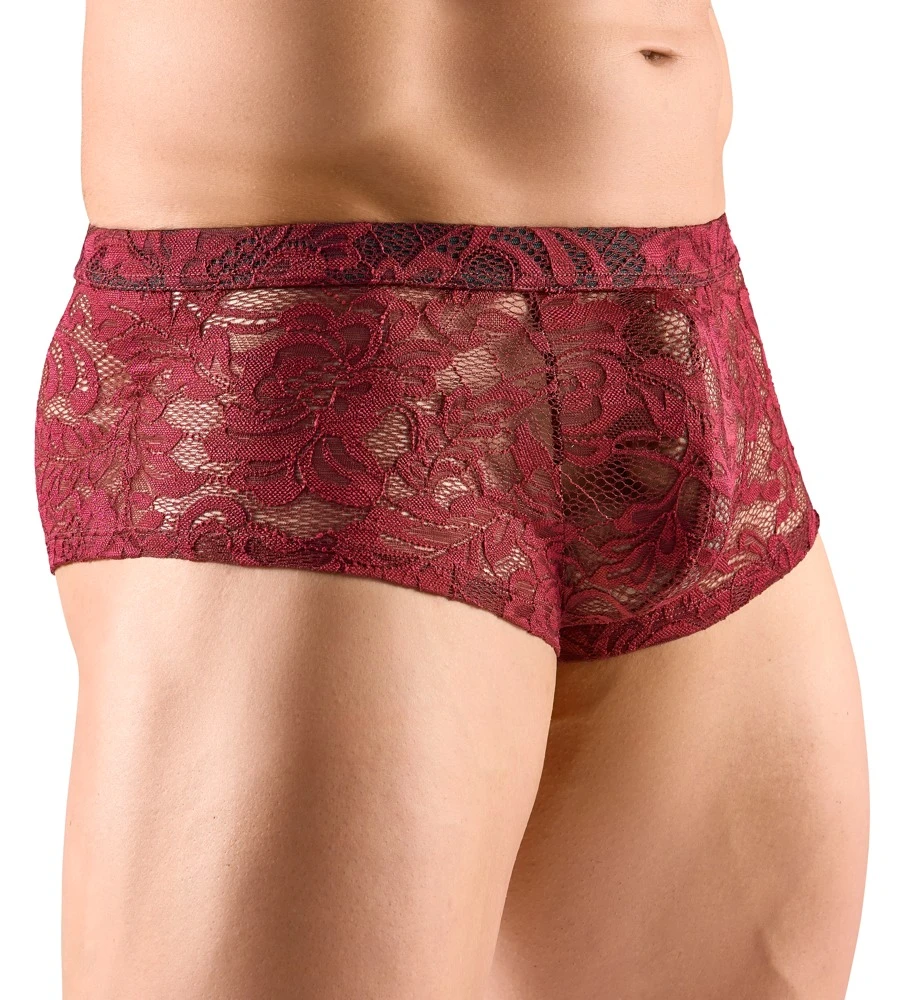 Herren Pants. Verführerische, transparente Pants aus floraler Spitze in edlem Dunkelrot- für hohen Tragekomfort und stilvolle Akzente