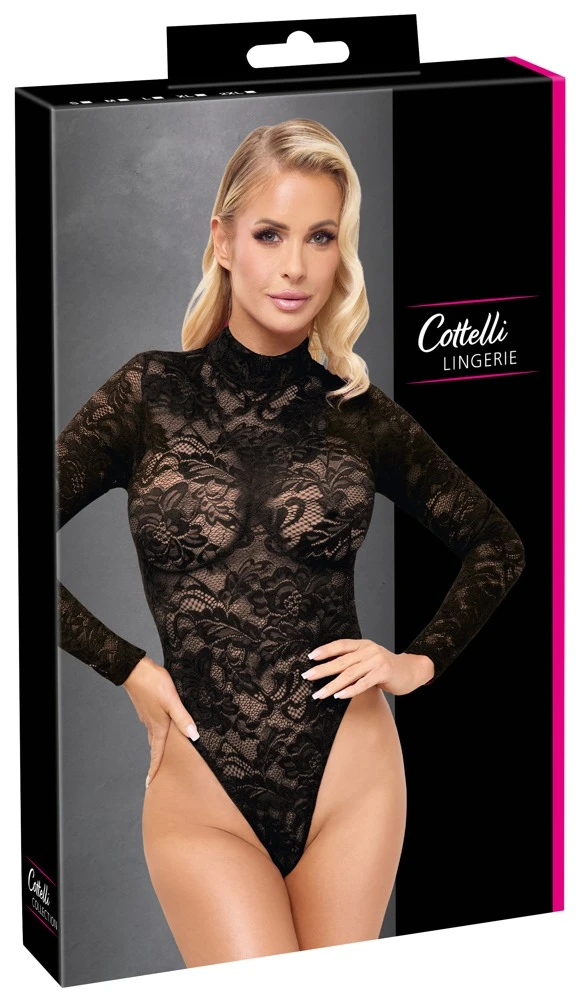 Cottelli LINGERIE Sexy Langarm-Body aus schwarzer Ornament-Spitze mit Stehkragen und extra hohen Beinausschnitten