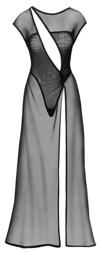 Netzkleid lang mit Stringbody, Moiré-Effekt, tiefem Rückenausschnitt & hohen Schlitzen – sexy & verführerisch – Cottelli PARTY