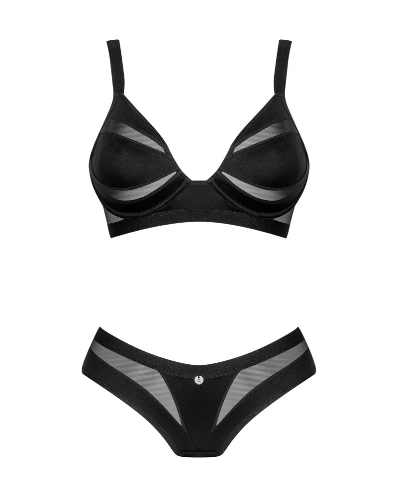 Obsessive Schwarzes Set Chic Amoria mit Bügel-BH und Slip. Klassischer Style im stilvollen Mix mit blickdichten Partien und zarten Transparenzen.