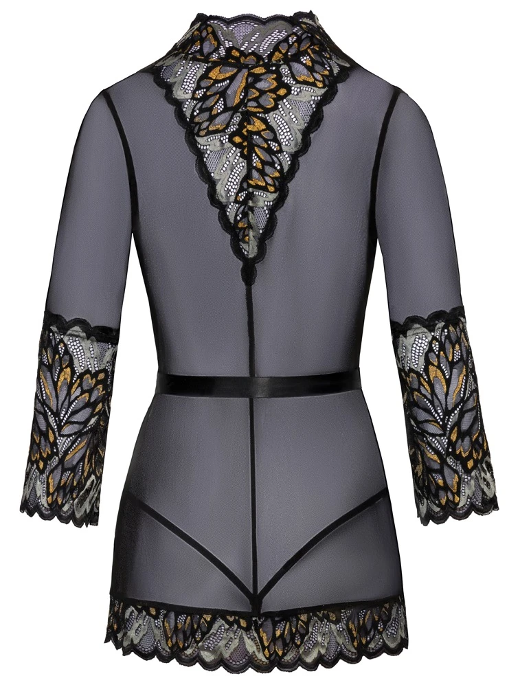 Tüll Kimono mit Spitze Elegant Kurzer Kimono aus eines Powernet im Mix mit Effektspitze schwarz