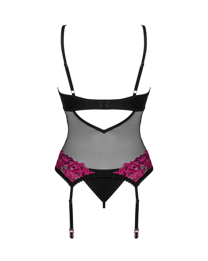 Obsessive Elegantes Set Rosenty mit Strapshemd und String. Weiches schwarzes Stretchnetz mit feiner pinkfarbener Rosenspitze an Dekolleté und Hüfte.