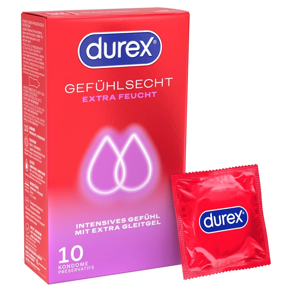 Durex Gefühlsecht Xtrafeucht 10er, Grenzenloses Empfinden dank extra viel Silikongleitgel, hauchdünne, transparente Kondome mit geschmeidiger Easy-on-Passform für pure Nähe