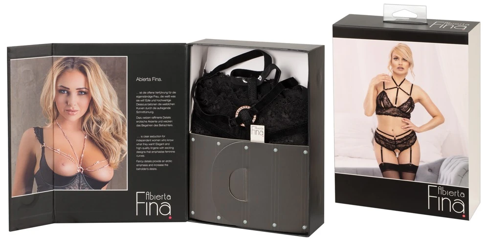 Bralette und Straps-Slip ouvert im Set von Abierta Fina. Feine Spitze und streichelweicher Samt im aufregenden Styling mit roségoldfarbenen Metallelementen und glitzernden Strassringen.