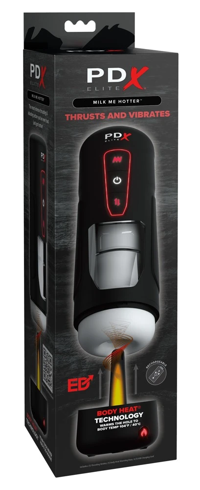 PDX Elite Milk Me Hotter Black, Vibrating Warming Masturbator: Handjob-Stoßmassage, 10 Vibrations- und Heizmodi, Noppen-Stimulationsstruktur für intensiven Genuss!