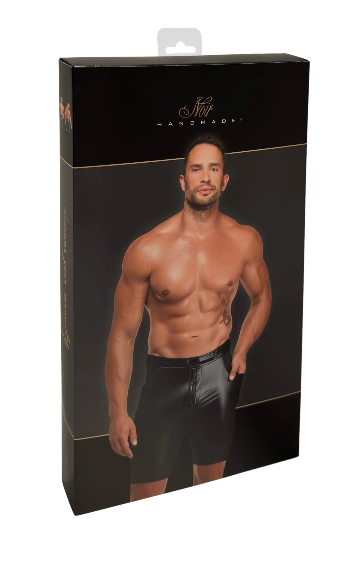 Schwarze Herren Kinky Shorts Onyx Hybrid H089 aus Powerwetlook mit Mesh-Einsätzen, seitlichen Taschen, Reißverschluss vorne, elastischem Bund und Kordelzug für figurbetonten Sitz von Noir Handmade Men
