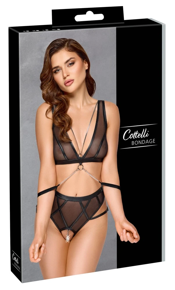 Cottelli BONDAGE BH Set Bondage, 2 softe Handfesseln, Soft-BH und Taillenslip ouvert im Set