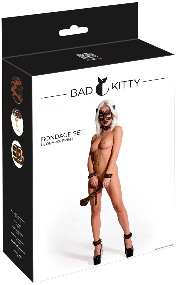 Bad Kitty Bondage-Set 6-teilig – Aufreizendes Fessel-Set im Leo-Look mit Hand- & Fußfesseln, Halsfessel, Leine, Maske & Paddel Bad Kitty Fesselset leo