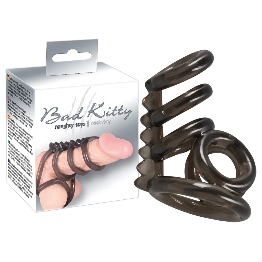 Rauchfarbener Penis-Hoden-Ring mit ingesamt sechs Ringen, die an einem genoppten Steg befestigt sind.