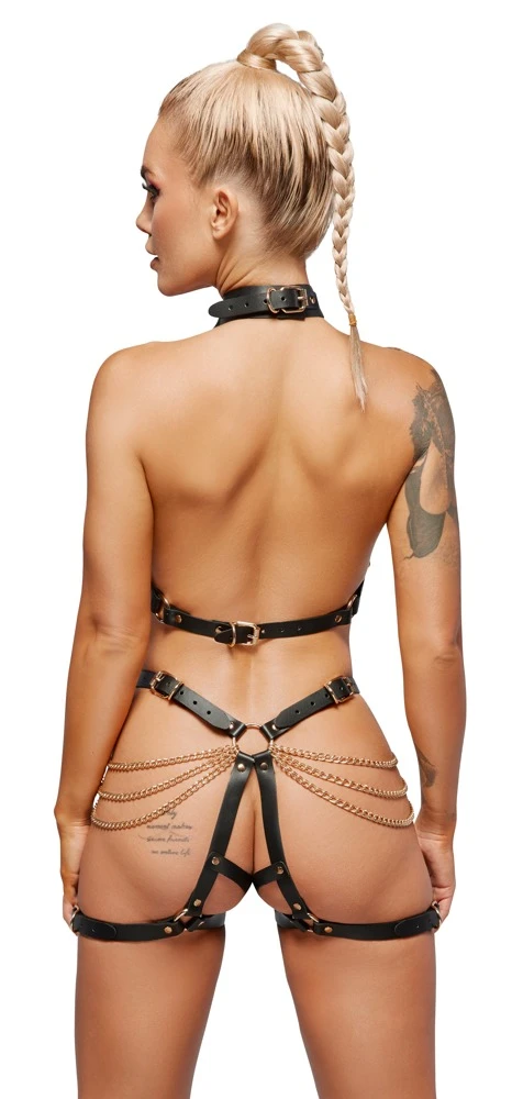 2-teiliges Harness-Set von ZADO mit Neckholder-Top und Jock mit Schenkelriemen.  Beide Teile aus schwarzen Lederriemen mit goldschillernden Ketten.