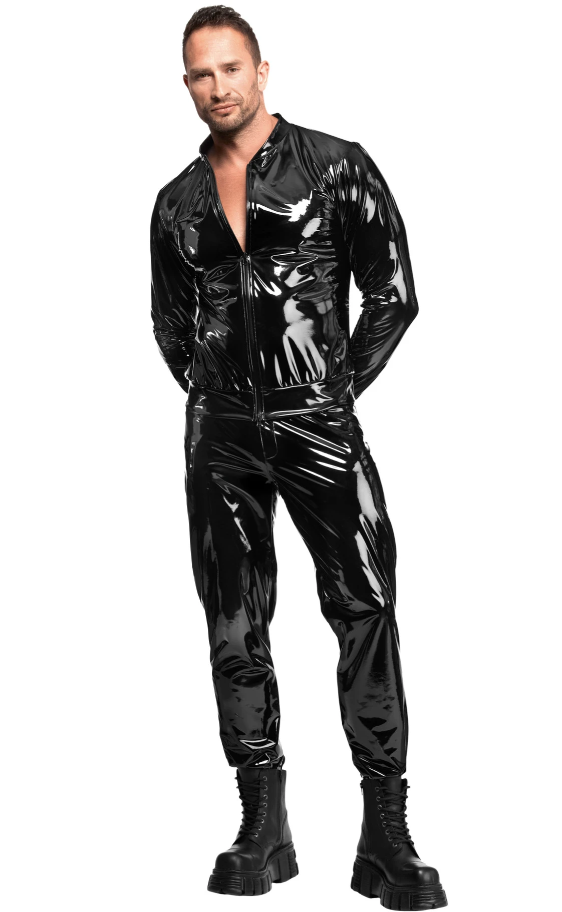 Schwarze Kinky Lack Hose Voltage H093 Herren – schmal geschnittene dehnbare Lackhose mit Front-Reißverschluss und Kordelzug von Noir Handmade Men