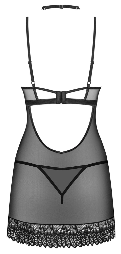 Obsessive Schwarzes 3-teiliges Set mit Negligé, String und Halsband. Aus feinem Stretchtüll mit aufwendigen Stickereien an Cups