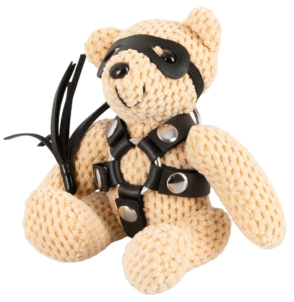 Bad Kitty SM-Teddy gehäkelt Mini-Begleiter mit Lederimitat-Harness, Augenmaske, Peitsche und Schlüsselanhänger für freche Momente