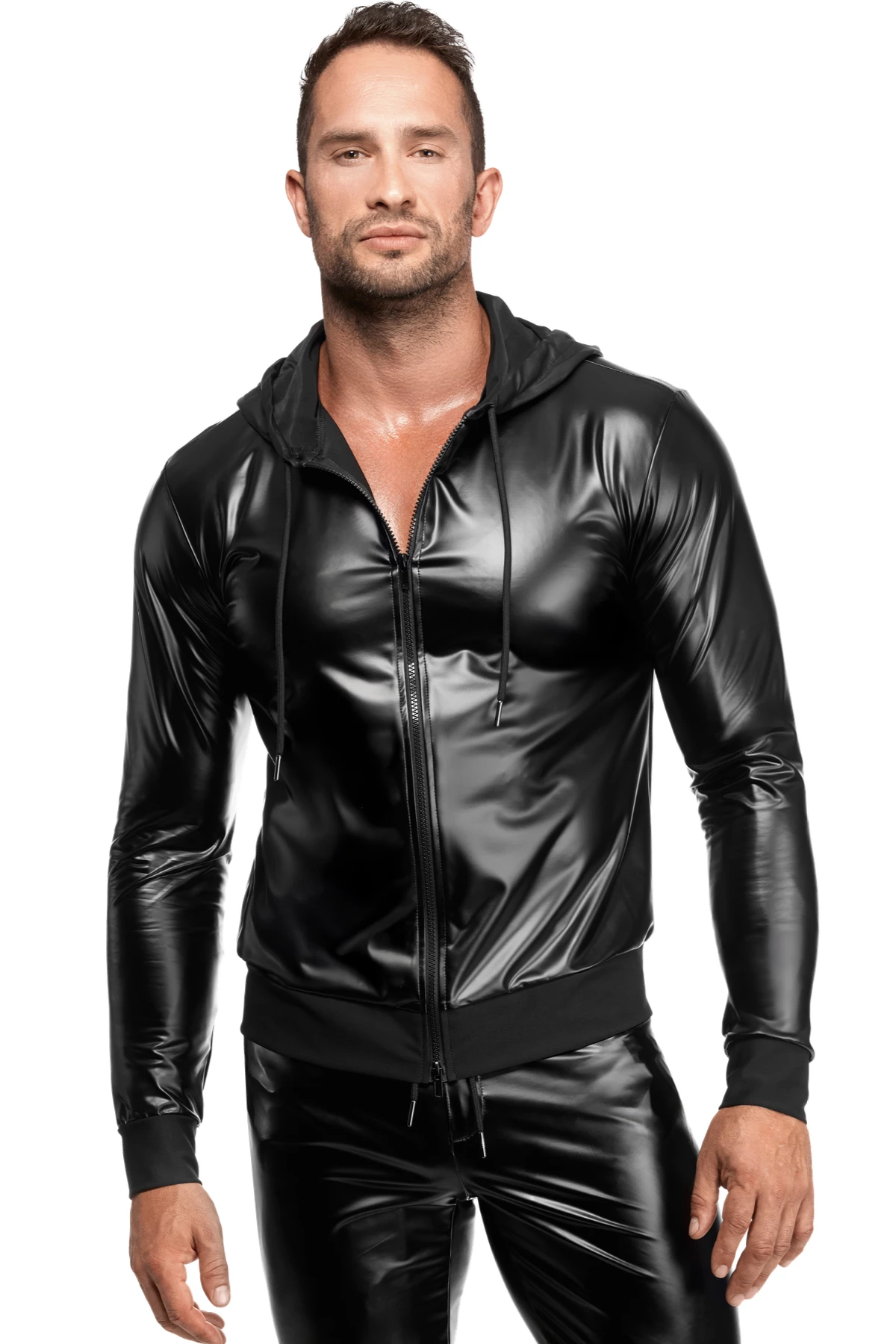 Herren Kapuzen Jacke H086 aus Powerwetlook mit betont maskuliner Silhouette, glatter Oberfläche, Kapuze und Frontzip für einen aufregend modernen Style