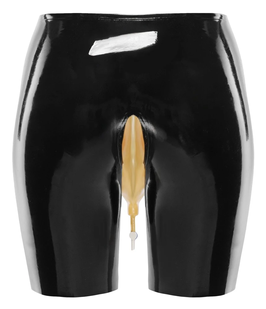 Latex Urin-Slip, Schwarze Latex-Radlerpants mit transparentem Urinbeutel-Einsatz und Ablasshahn 0,4 mm Stärke Latex Urin-Slip, Schwarze Latex-Radlerpants mit transparentem Urinbeutel-Einsatz und Ablasshahn 0,4 mm Stärke