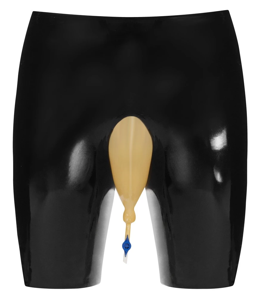 Latex Urin-Slip, Schwarze Latex-Radlerpants mit transparentem Urinbeutel-Einsatz und Ablasshahn 0,4 mm Stärke Latex Urin-Slip, Schwarze Latex-Radlerpants mit transparentem Urinbeutel-Einsatz und Ablasshahn 0,4 mm Stärke