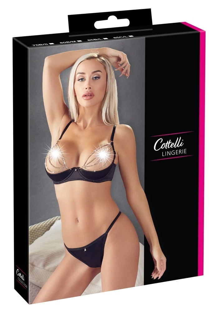 Cottelli LINGERIE Edles Hebe BH und String Set mit Strassketten schwarze Satin