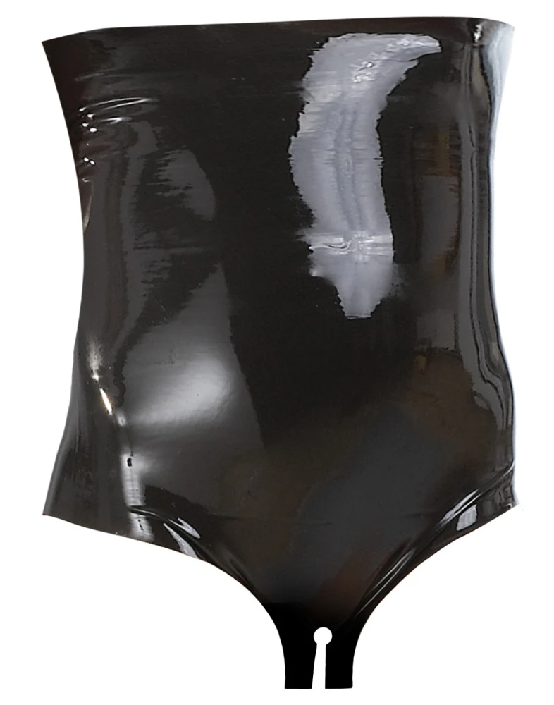 Latex Taillenslip extra hoch geschnitten mit einladenden ouvert im Schritt.
