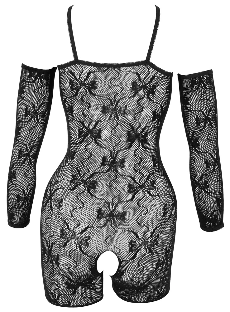 Fantasy by Cottelli Damen Catsuit Ouvert Netz Body mit Armstulpen Rautenspitze Cut-outs busenfrei offener Schritt Reizwäsche Bodystocking Shorty