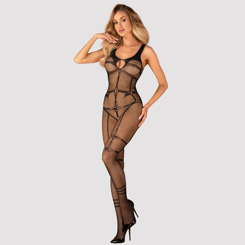 Obsessive Schwarzer Catsuit ouvert aus Netz mit aufregender eingewebter Harness-Optik. Dazu raffiniert platzierte Cut-outs im Dekolleté.