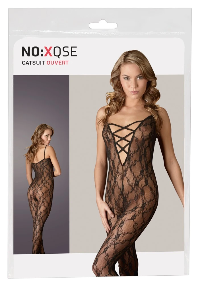 Catsuit aus weicher Effekt-Spitze mit tiefem Stretchband-Dekolleté in Schnüroptik.