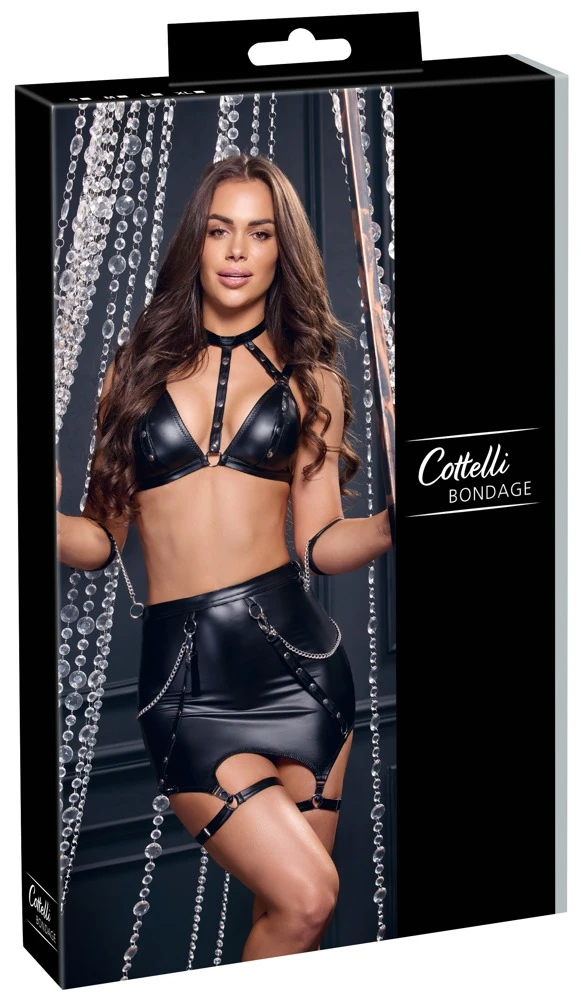 Straps-Set mit Riemen-BH, Minirock & Handfesseln – sexy Mattlook mit Ketten, Nieten & abnehmbaren Fesseln – Cottelli BONDAGE